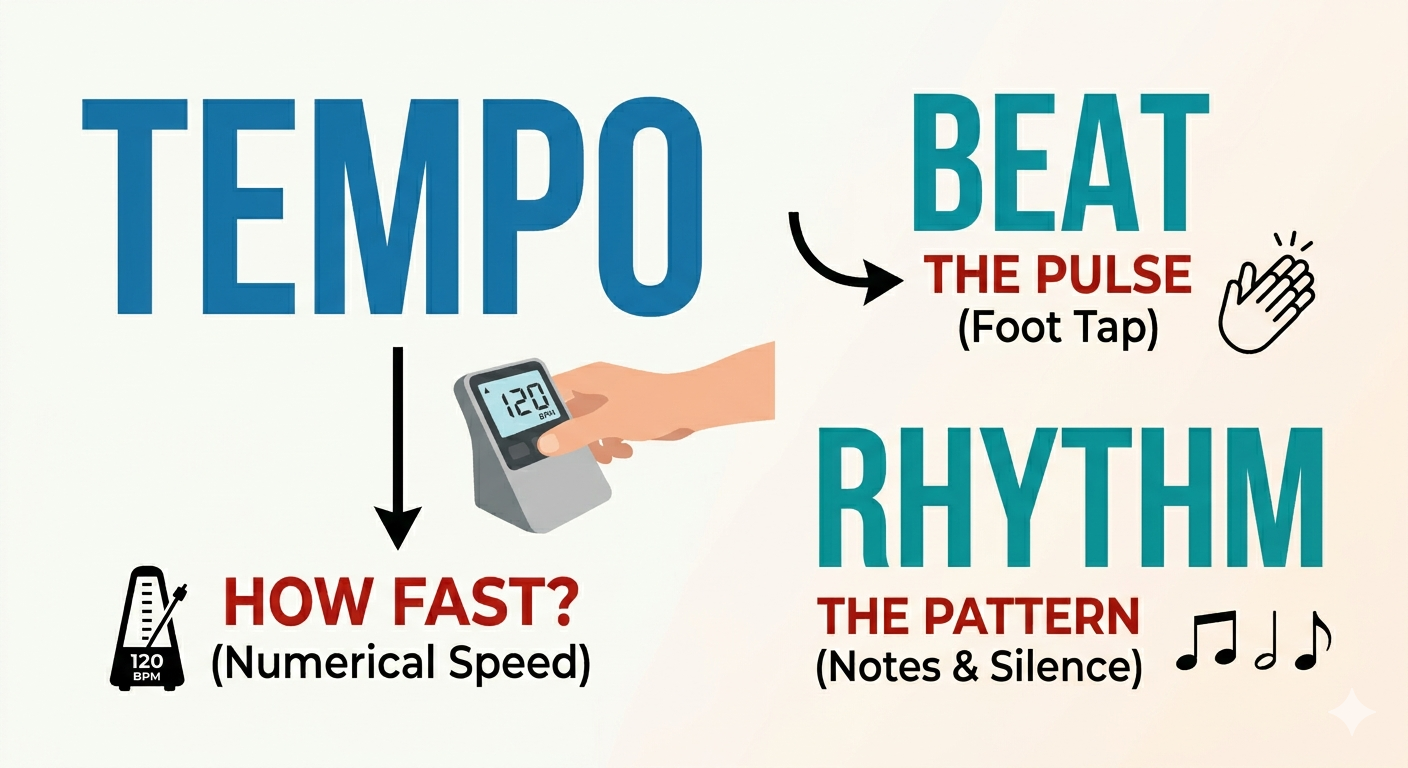 A infographic illustrating the hierarchical difference between musical concepts: Tempo is visualized as overall speed (e.g., 'Andante' sign), Beat as a steady, circular pulse, and Rhythm as complex, diverse waveforms built on top of the beat framework.